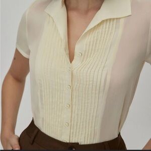 RIHOAS Academia Cream Sheer Pleated Chiffon V Neck Layer Button Down Blouse